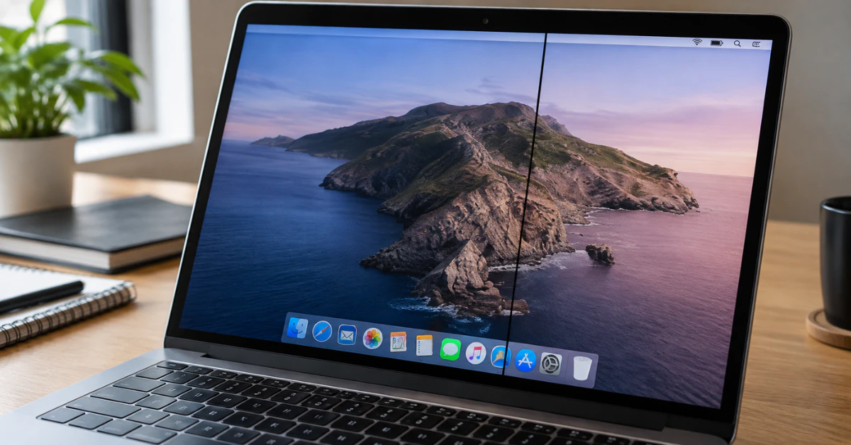 MacBook screen showing a visible black vertical line defect