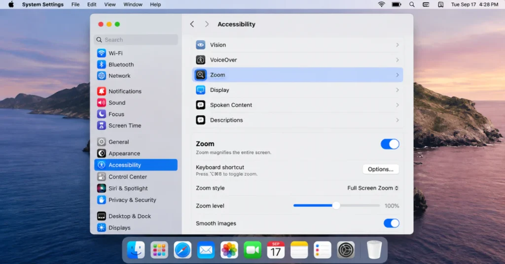 macOS System Settings screen showing Accessibility and Zoom options