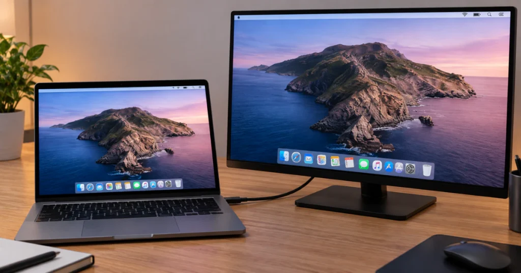 MacBook connected to an external monitor to test screen display issue
