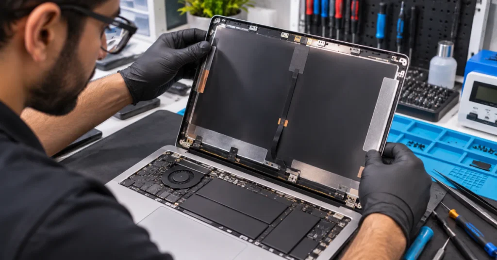 Technician repairing an open MacBook display panel at a repair shop