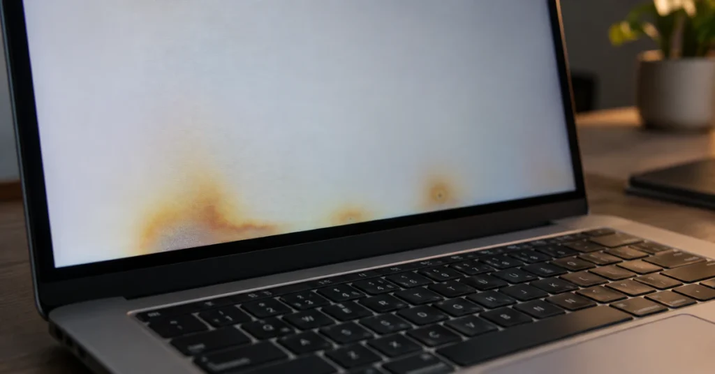 MacBook Pro screen showing yellow heat damage blotches