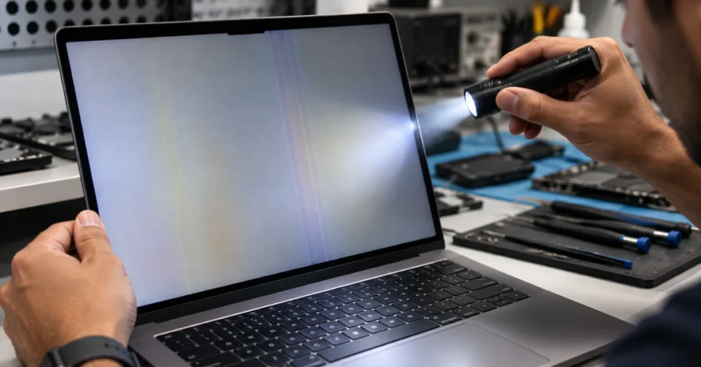 Close up inspection of MacBook screen for damage lines