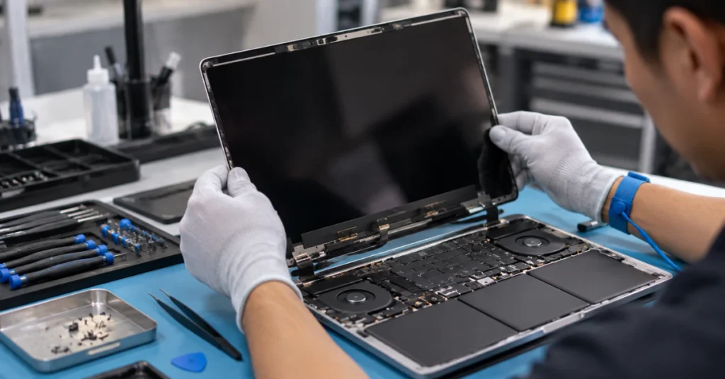Technician repairing MacBook Pro screen replacement