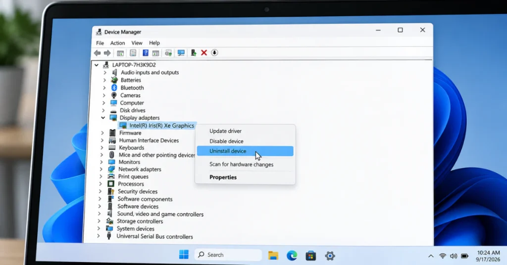 Device Manager window showing display adapter uninstall option