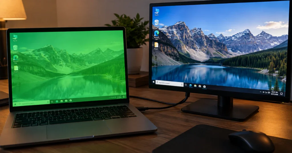 Laptop connected to external monitor via HDMI cable