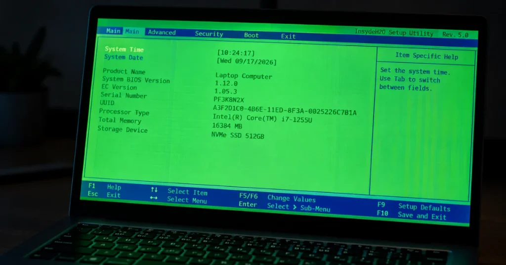 Laptop BIOS screen showing green color distortion