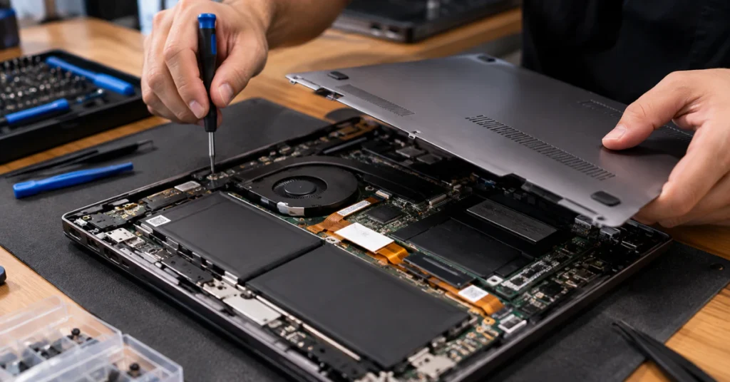 Technician opening laptop back panel to check internal cables