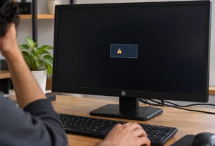 HP monitor showing a black screen with an input signal out of range error on a home office desk
