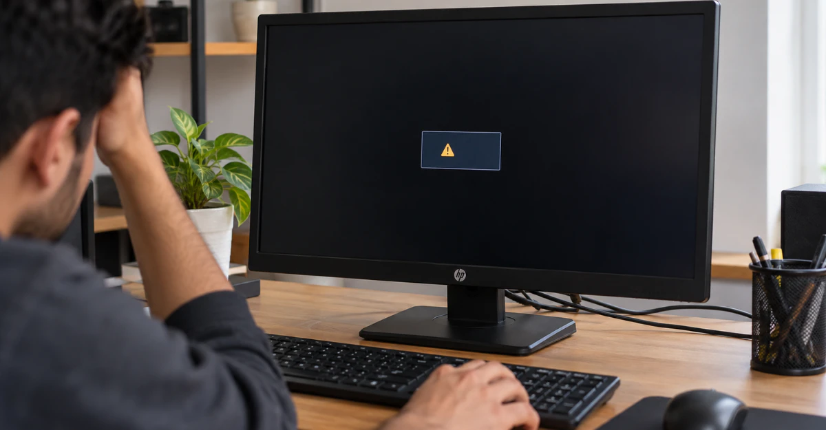HP monitor showing a black screen with an input signal out of range error on a home office desk