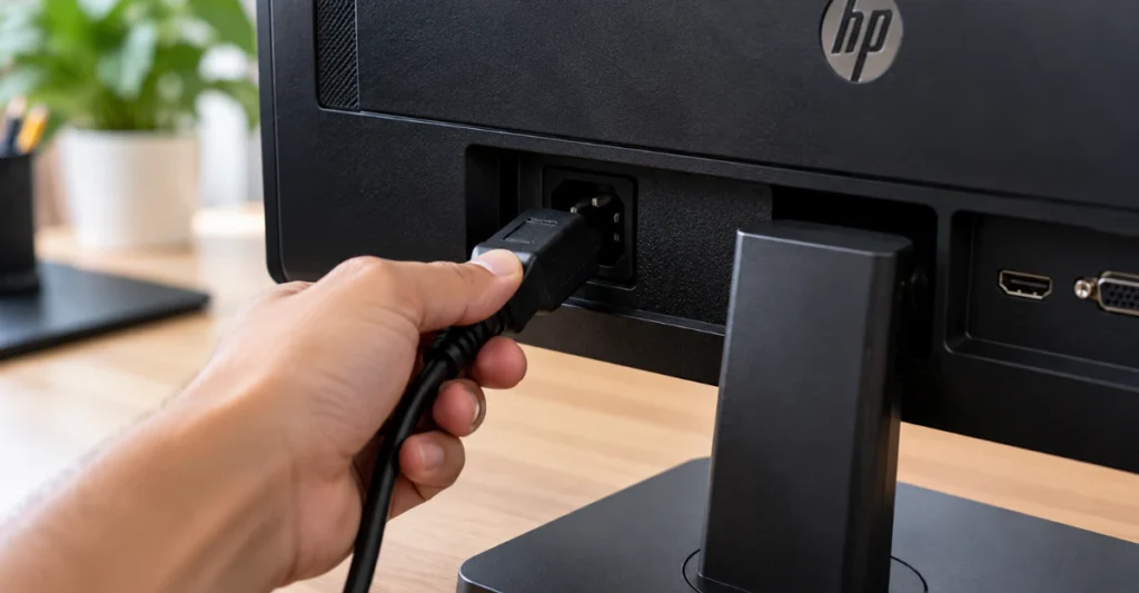 Hand unplugging the power cord from the back of an HP monitor to power cycle it