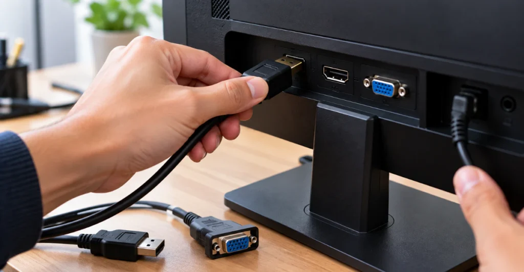 Hands connecting an HDMI cable to a monitor with DisplayPort and VGA cables nearby