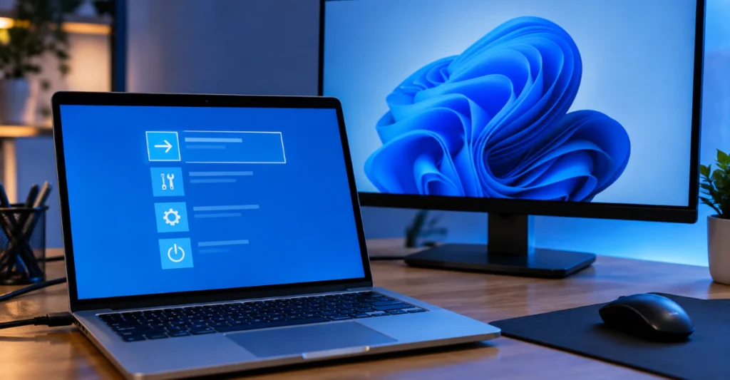 Laptop showing the Windows recovery screen next to an external monitor