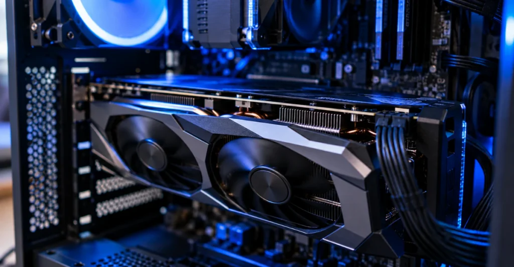 Graphics card installed inside a PC case with blue LED lighting
