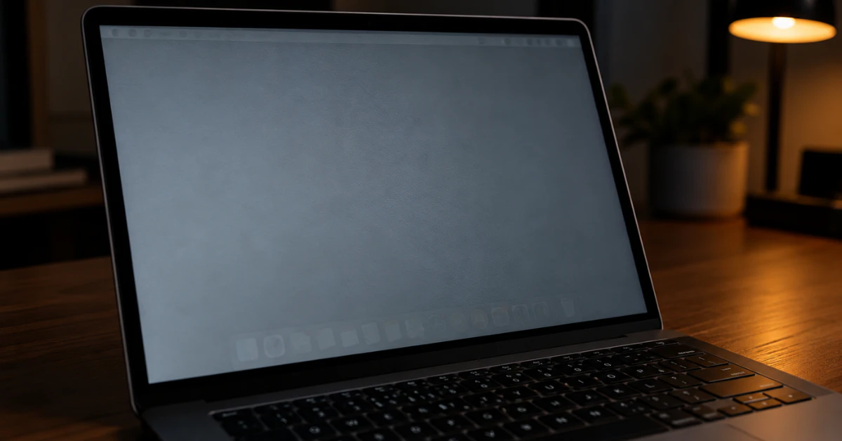 MacBook Pro screen showing a faint ghost image of the menu bar and Dock on a gray background
