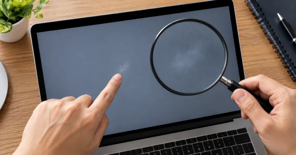 Hand pointing at a smudge mark on a laptop screen with a magnifying glass above it