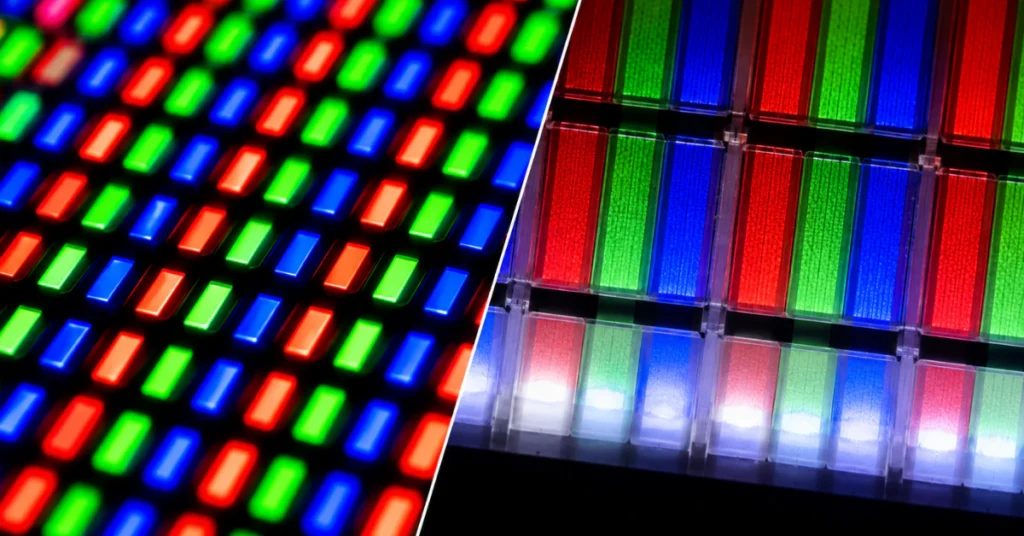 Comparison of OLED pixels and LED backlit LCD pixels in a macro view