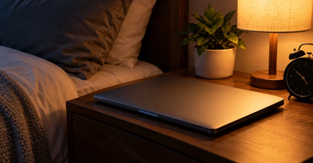 Closed laptop resting on a bedside table at night next to a lamp and clock
