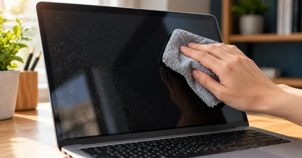 Hand wiping a laptop screen with a soft microfiber cloth