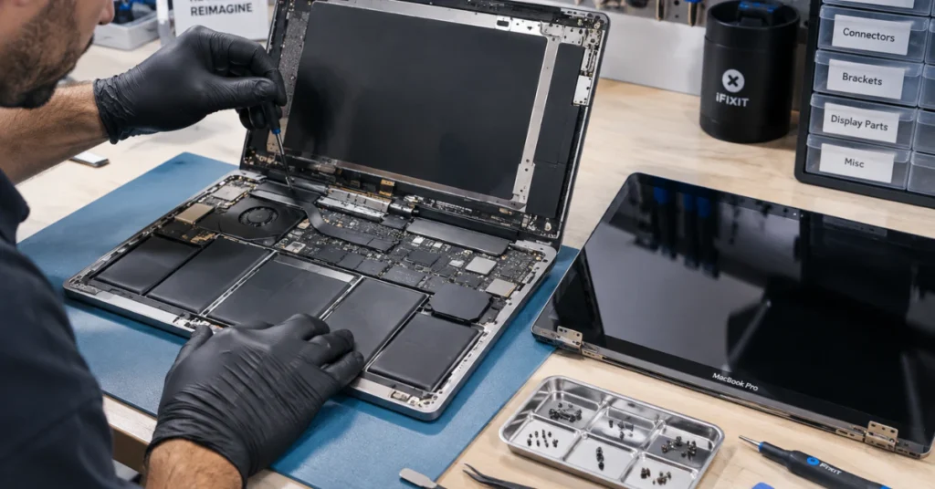 Technician repairing MacBook screen hardware