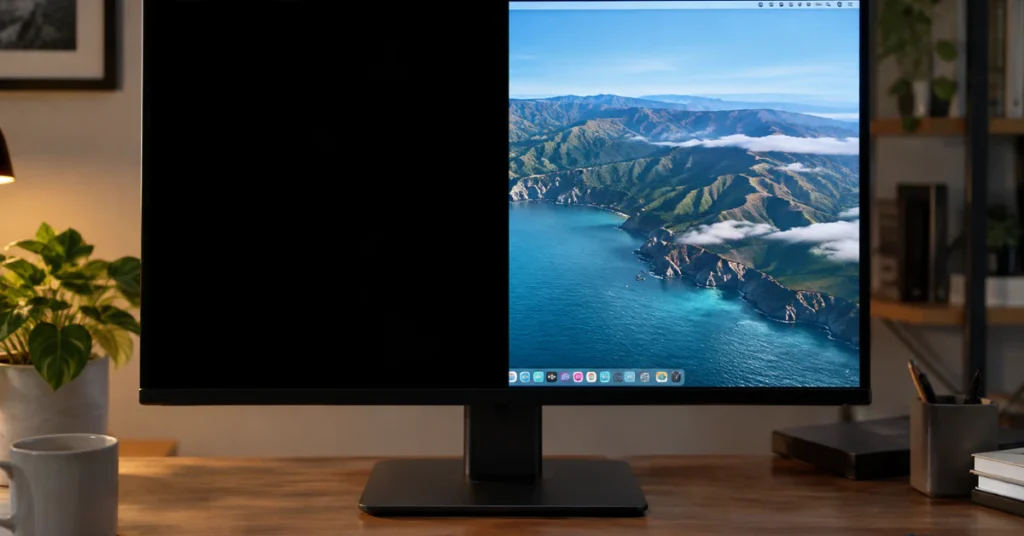 Desktop monitor displaying half black screen with other half showing normal desktop