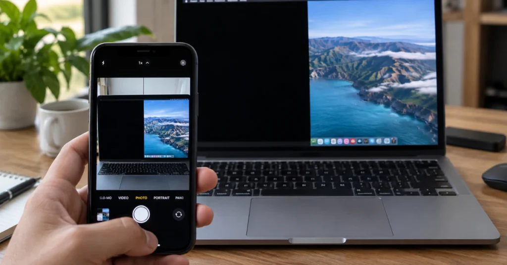 Person comparing laptop black screen with smartphone screenshot to test hardware issue