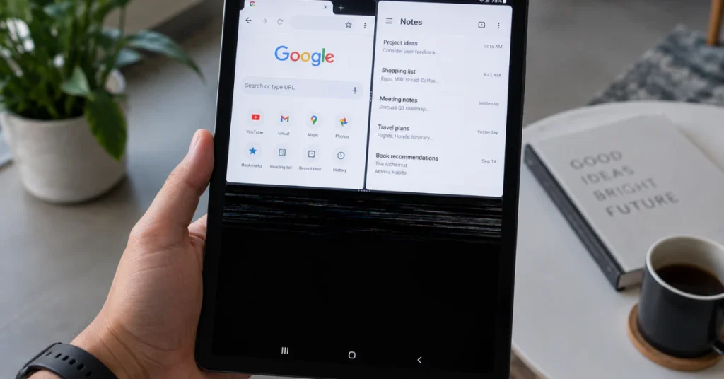 Android tablet showing split-screen mode with black screen glitch on bottom half