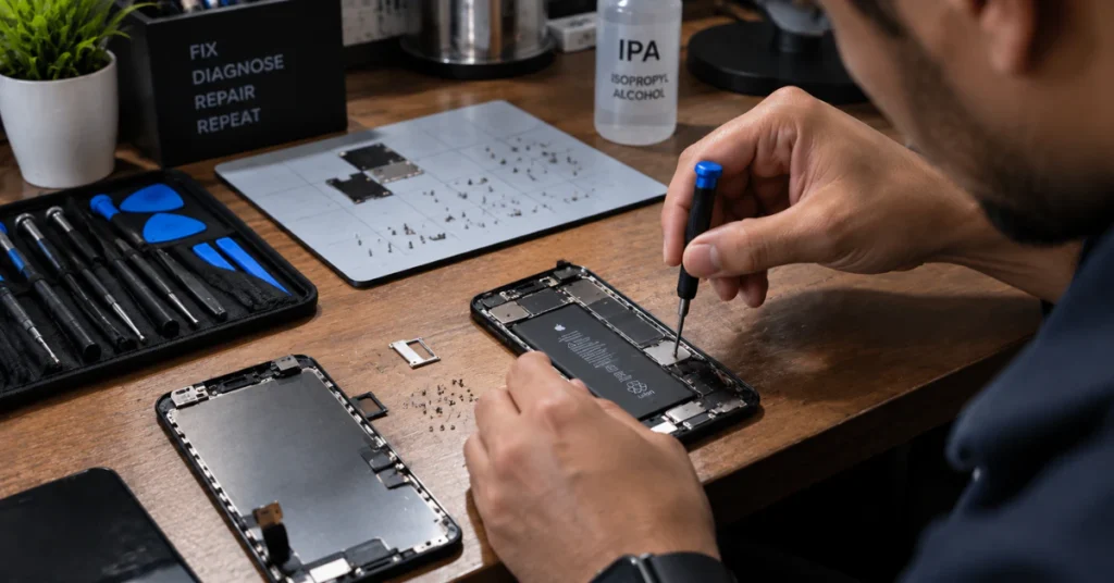 Technician repairing smartphone screen with tools