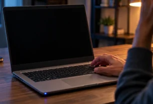 Acer laptop with a black screen on a wooden desk while a hand hovers over the keyboard