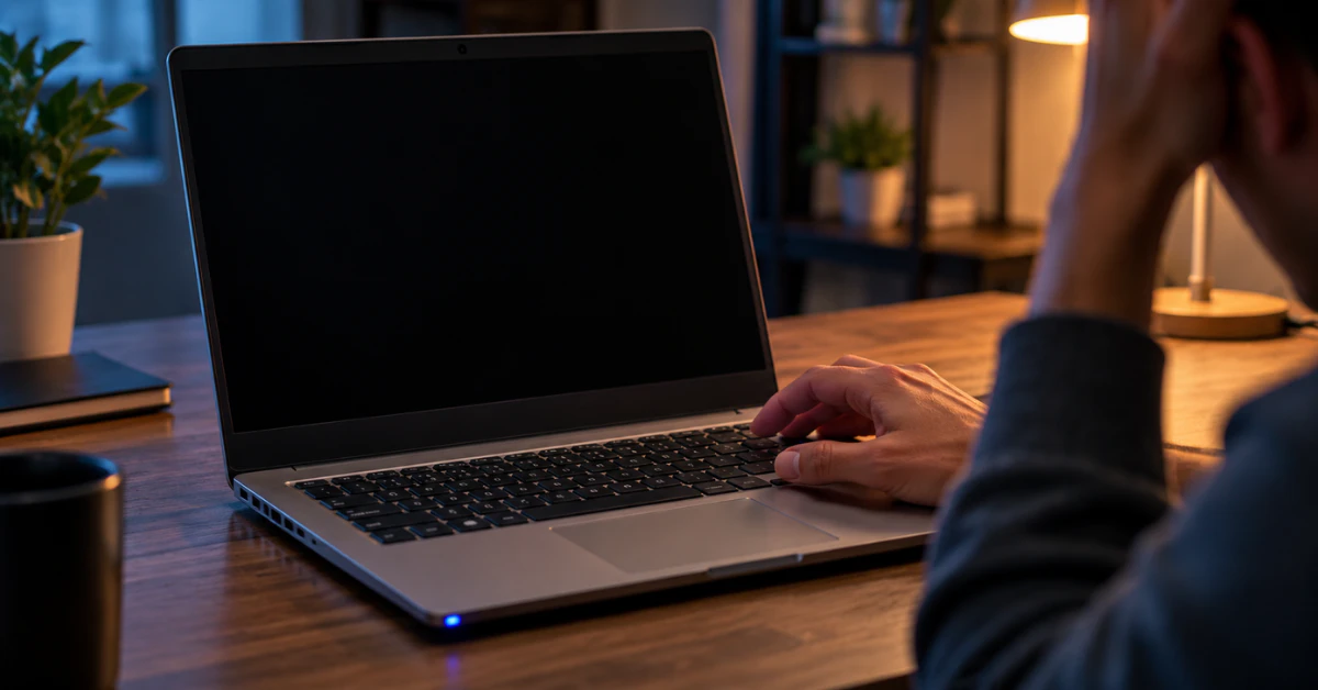 Acer laptop with a black screen on a wooden desk while a hand hovers over the keyboard