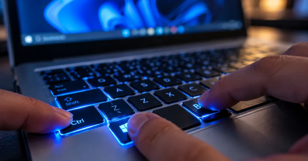 Finger pressing Ctrl, Windows, Shift and B keys together on a laptop keyboard