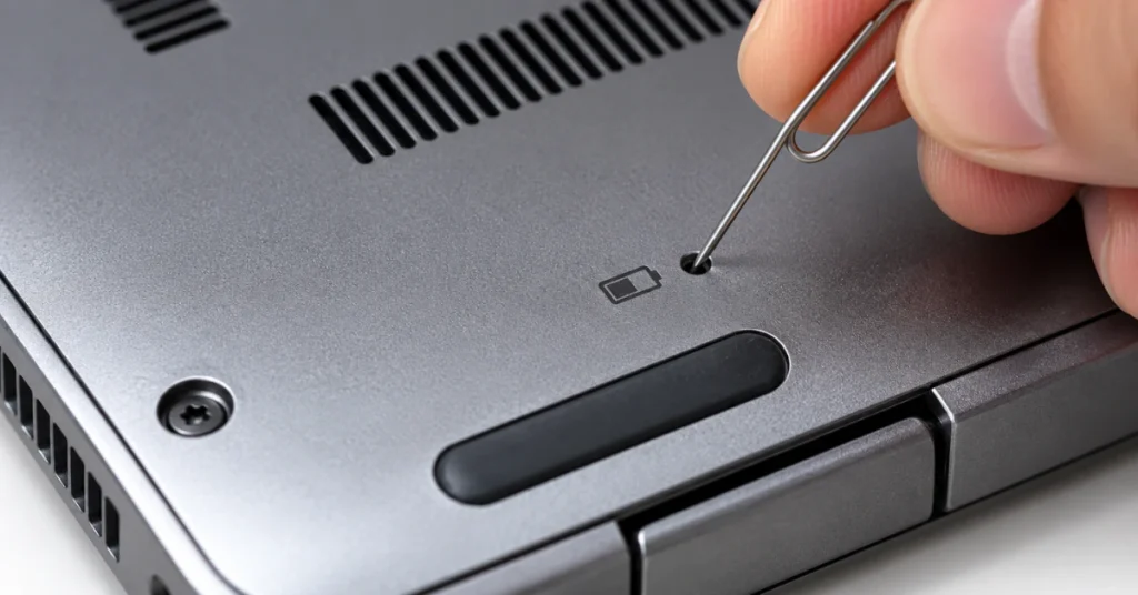 Paperclip pressing the reset pinhole on the bottom of a laptop next to the battery symbol