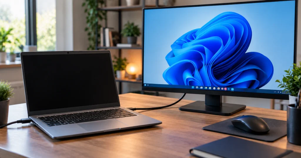 Laptop connected by HDMI cable to an external monitor showing the Windows desktop