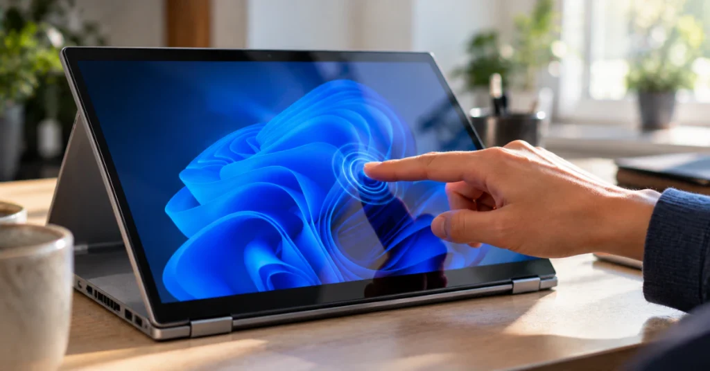 Finger tapping the touchscreen of a laptop on a desk