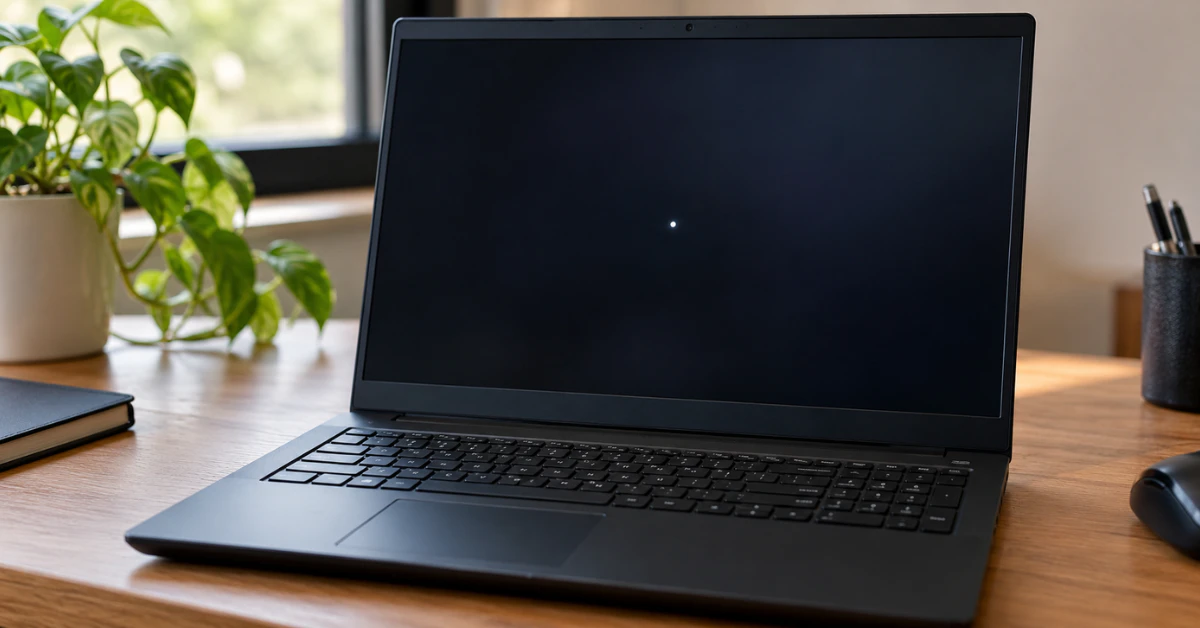 Black Lenovo laptop on a wooden desk with a small bright white spot on the dark screen