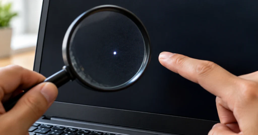 Close-up of a laptop screen with a white spot, a finger pointing near it and a magnifying glass in front