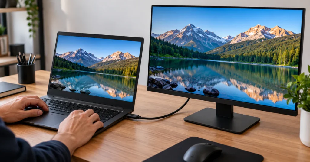 Laptop connected to an external monitor with an HDMI cable to test a white spot on the screen
