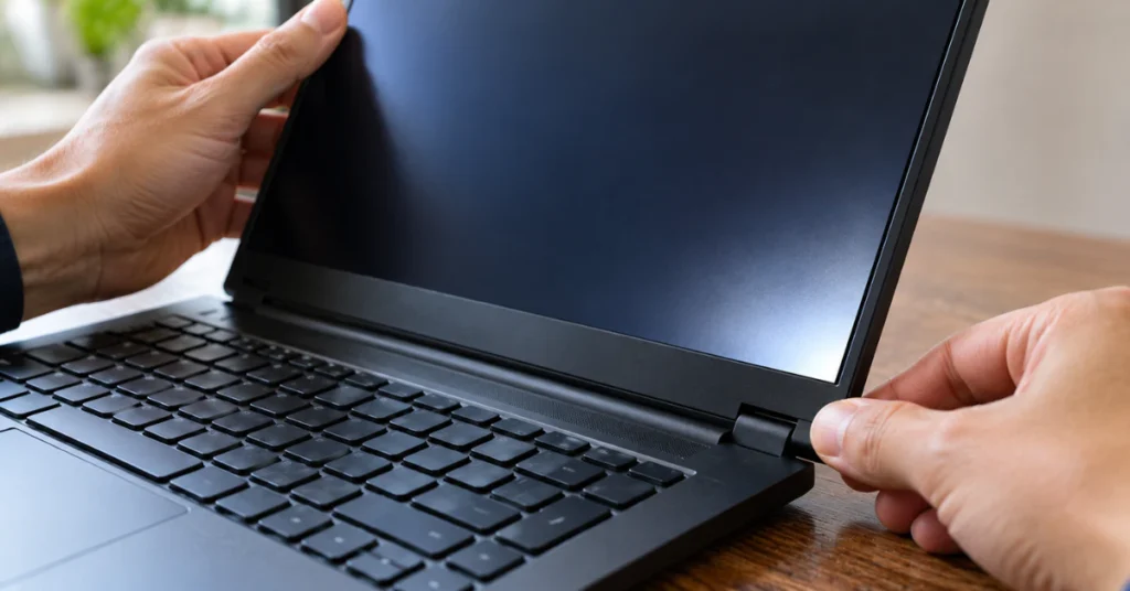 Hands gently tilting an open laptop lid near the hinge to test for a display cable problem
