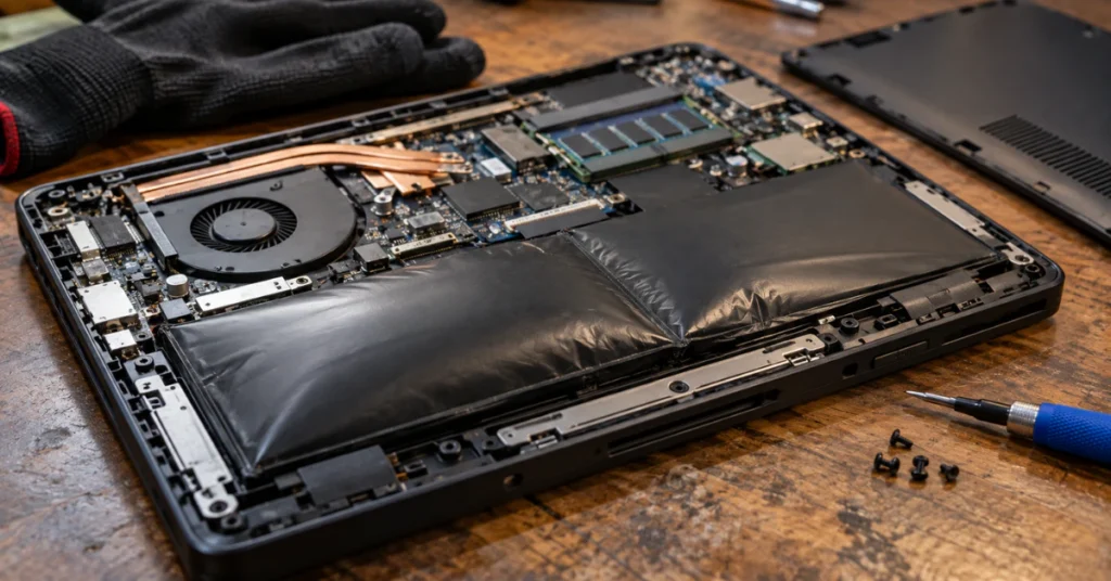 Laptop with its bottom cover removed showing a swollen lithium-ion battery inside