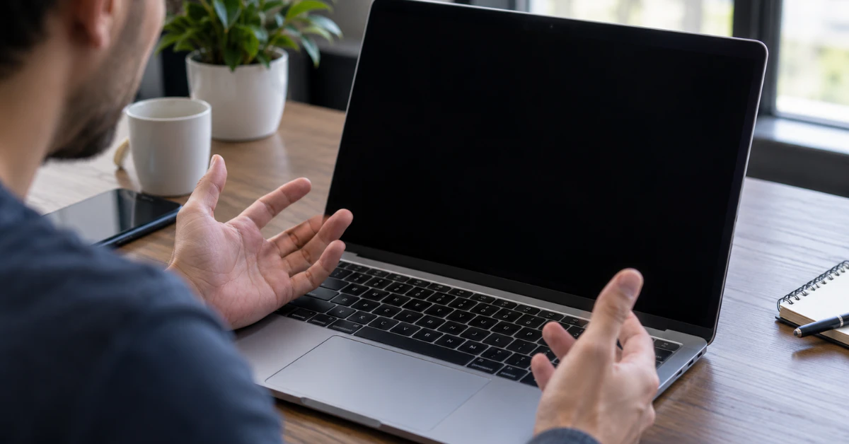 Laptop on a desk with a black screen and hands resting on the keyboard