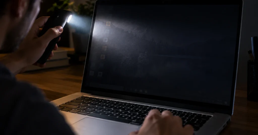 Phone flashlight shining across a black laptop screen in a dark room