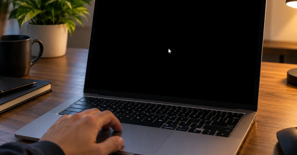 Laptop with a black screen and only the mouse cursor visible
