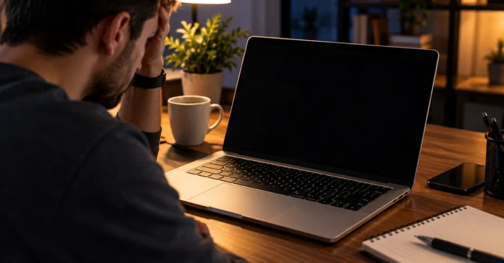 Worried person looking at a laptop with a dark screen after a restart
