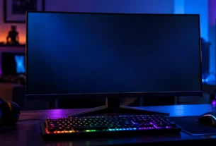 Black gaming monitor with a blank screen on a desk with an RGB keyboard and mouse in a dim room