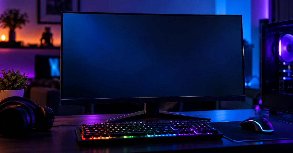 Black gaming monitor with a blank screen on a desk with an RGB keyboard and mouse in a dim room