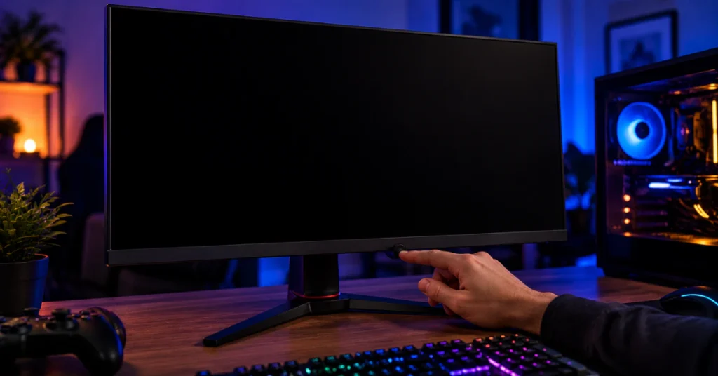 Hand reaching for the joystick button under a gaming monitor with a black no signal screen