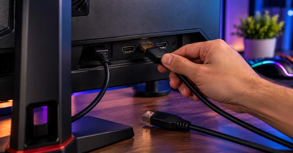 Hand plugging an HDMI cable into the back of a gaming monitor with a DisplayPort cable nearby