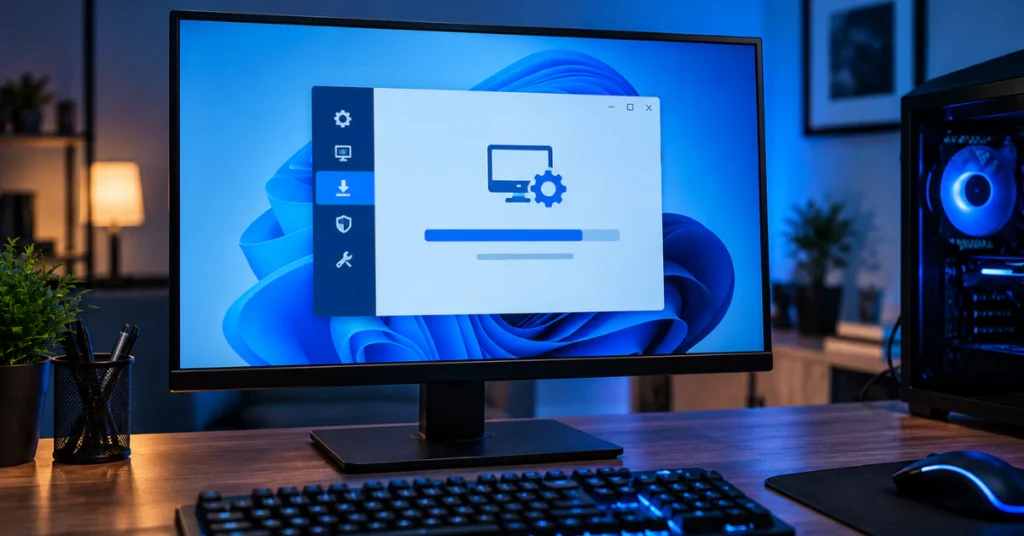 Monitor on a desk showing a driver update screen with a progress bar and a keyboard in front