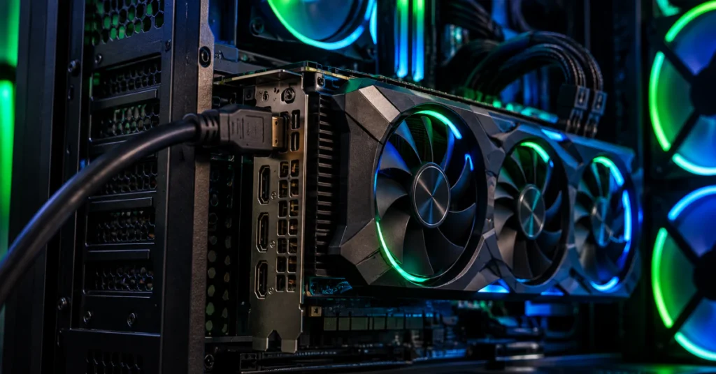Gaming PC interior with a large RGB graphics card and an HDMI cable connected to its ports