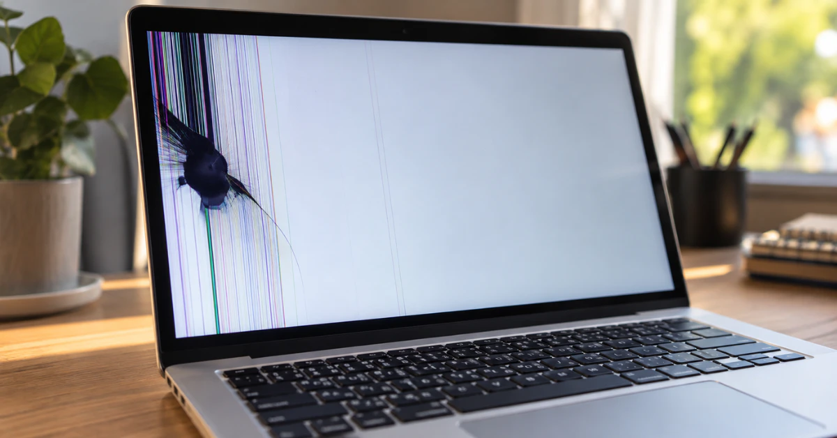 Laptop screen with a dark bruise-like blotch and colored lines, MacBook screen pressure damage