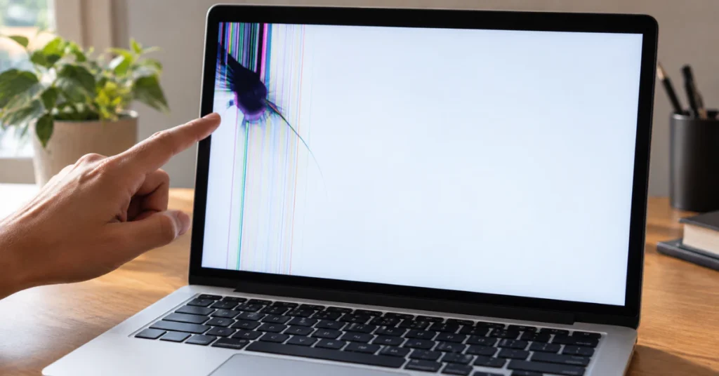 Finger pointing at a dark patch and colored lines on a white laptop screen, MacBook screen lines